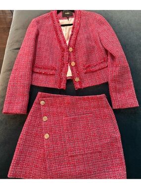 Maje Pink Tweed Fringe Blazer and Skirt